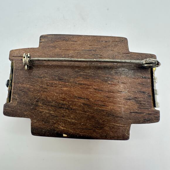 Antique Art Deco 1930s polished brown woodgrain wood silver tone brooch - Picture 6 of 8